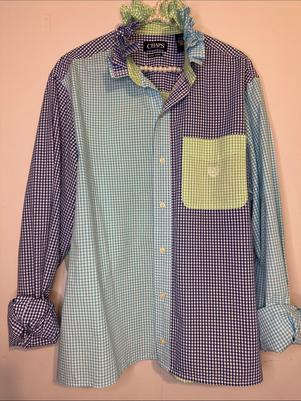 Chaps Men's Colorblock Gingham Ruffled collar Shirt in Blue & Green